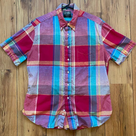 Gitman Vintage Pink Big Madras Check Short Sleeve Button Down, Sz XL - Picture 2 of 9